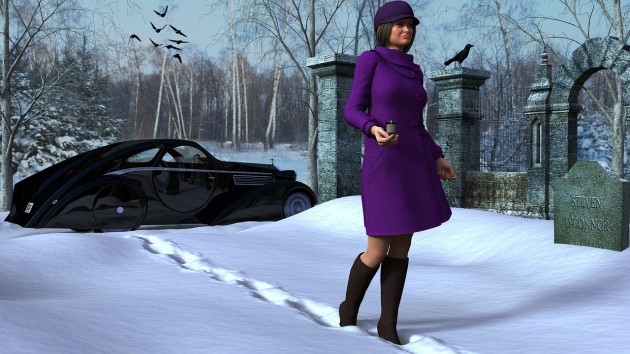 Woman in purple coat at funeral